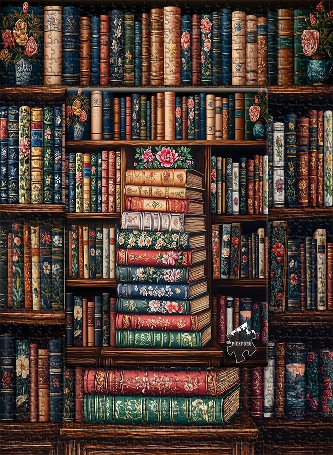 PICKFORU Vintage Book Puzzles for Adults 1000 Pieces, Bookshelf Wildflower Pages Jigsaw Puzzle, Retro Library Aesthetic Puzzle Floral, Challenging Hard Puzzles for Book Lovers - Image 2